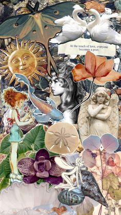 an altered collage with many different pictures and words on it, including flowers, birds, leaves, and other things