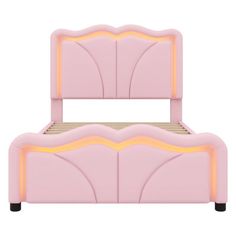 a pink bed with yellow trimmings on the headboard and foot board, against a white background