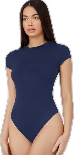 Cheap Blue Fitted Bodysuit, Navy Fitted Crew Neck Top, Fitted Navy Crew Neck Top, Casual Blue Scoop Neck Bodysuit, Blue Fitted Cotton Short Sleeve Bodysuit, Solid Color T-back Bodysuit With Lined Body, Blue Fitted Short Sleeve Onesie, Blue High-stretch Bodysuit With Thumbholes, Shein Basics