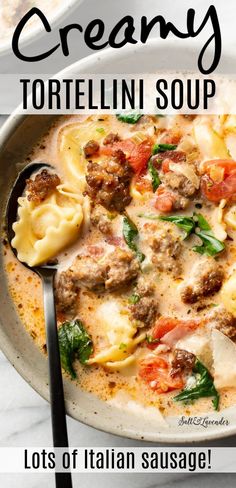 a bowl of creamy tortelli soup with meatballs and spinach on top