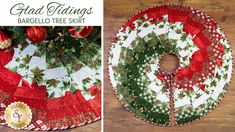 a christmas tree skirt made out of fabric and ribbon with holly wreaths on it