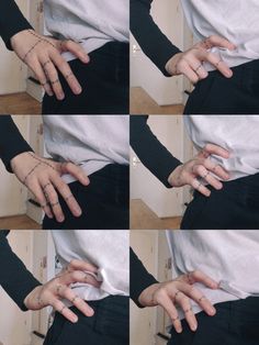 four pictures of the same person's hands with tattoos on their arms and fingers