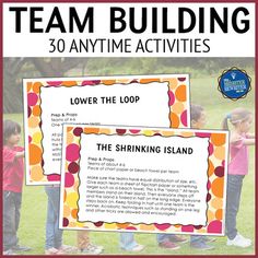 two children standing in front of a sign that reads team building 30 anytime activities lower and upper