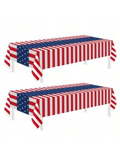 two tables covered in american flag tablecloths with white legs and one has an american flag design on it