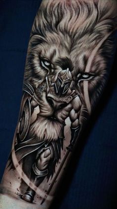 Lion Sleeve Tattoos For Guys, Tattoos On The Buttocks, Lion And Warrior Tattoo Design, Lion Tattoo Designs For Men, Lion Tattoo Man, Tato Lion, Christian Lion Tattoo For Women, Tattoo Cover Up Ideas For Men Arm