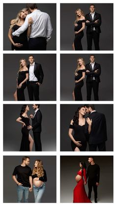 several different pictures of people in black and white outfits, with one man kissing the woman's cheek