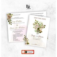 two wedding cards with flowers on them and the words save the date written in gold