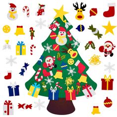 a christmas tree surrounded by many different types of holiday decorations and gifts on a white background