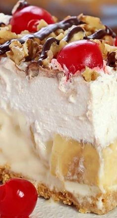 a piece of ice cream pie with cherries on top