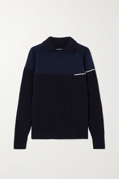 Victoria Beckham's sweater has a crew neckline layered with a polo-style collar for a contemporary feel. It's knitted from panels of navy and ribbed midnight-blue wool for an oversized fit enhanced by raglan sleeves. Match your shoes to the white chain-stitch detail. Navy Cashmere Sweater For Work, Blue Sweater With Ribbed Collar For Work, Navy Polo Sweater With Ribbed Collar For Winter, Blue Merino Wool Polo Sweater For Workwear, Blue Polo Sweater With Ribbed Collar For Work, Navy Knit Sweater With Ribbed Collar, Modern Ribbed Collar Sweater For Work, Modern Workwear Sweater With Ribbed Collar, Modern Sweater With Ribbed Collar For Work