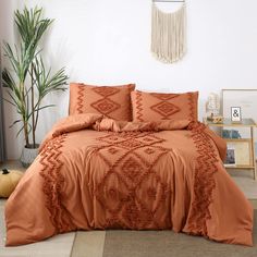 PRICES MAY VARY. Ultra Soft Material: This Burnt Orange Comforter Set is made of 100% Polyestser Fabric, which is super soft, breathable and durable, keep you comfortable and cozy all through the night. Unique Design: Farmhouse comforter bedding set designs with Boho style and tufted embroidery on solid color, brings elegance and romantic to your bedroom, perfect as a gift for teens, boys, girls, men and women. All Season Fluffy Comforter Set: 240GSM microfiber whole piece inner filling, which i Rust Bed, Burnt Orange Comforter, Rustic Bedding Sets, Boho Bedding Sets, Cama Queen Size