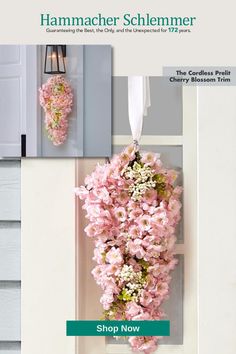 pink flowers are hanging from the side of a white door with green lettering on it that says, hammacfer schlemmer