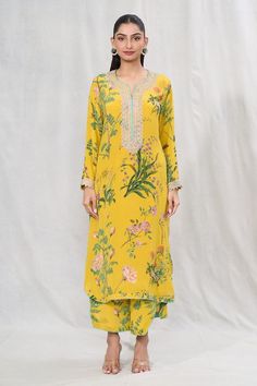 Yellow straight kurta with multi colored floral blossom prints. Comes with solid pant. - Aza Fashions Anushree Reddy, Blossom Print, Straight Kurta, Kurta With Pants, Lace Hem, Pants Pattern, Pant Set, Set For Women, Asymmetric Hem