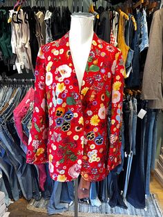 "♥ D E S C R I P T I O N ♥ Beautiful vintage 1980's red floral print with insects silk blazer. ♥ S I Z E & M E A S U R E M E N T S ♥ Measurements are taken laid flat and unstretched. Double measurements to get the all around.  Labeled As: Size 8 Fits size medium  Length: 29\" Bust: 19.5\" Shoulder: 16.5\" Waist: 17.5\" ♥ Authenticity Guarantee ♥ All items sold in our shop are 100% guaranteed authentic or your money back." Silk Long Sleeve Blazer With Floral Print, Spring Party Blazer With Floral Print, Red V-neck Summer Outerwear, Floral Print Long Sleeve Blazer For Party, Long Sleeve Floral Print Blazer For Party, Summer Floral Print Blazer For Work, Fitted Floral Print Summer Blazer, Vintage Printed Outerwear For Spring, Spring Party Outerwear With Floral Print