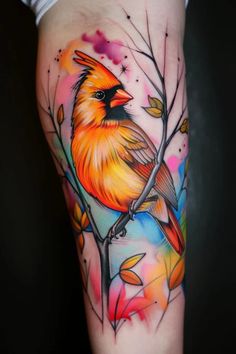 a colorful bird sitting on top of a tree branch with leaves and stars around it