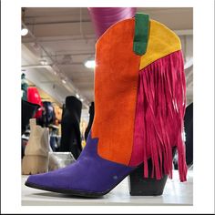 Multicolored Fringed Cowboy Boots True To Size Comfortable Insole Roper Cowboy Boots, Fringe Cowboy Boots, White Cowgirl Boots, Brown Leather Riding Boots, Black Leather Riding Boots, Platform Chelsea Boots, Womens Waterproof Boots, Green Boots, Fringe Booties