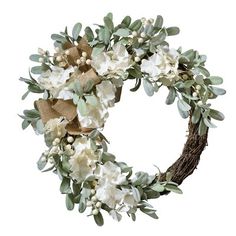 a wreath with white flowers and greenery on the front is displayed against a white background