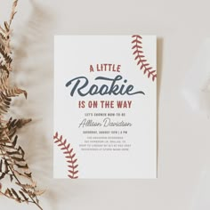 a little rookie is on the way baseball baby shower or birthday party card