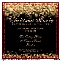 a christmas party flyer with gold glitter on black and red border, in the middle of an ornate frame