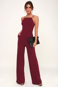 Something to Behold Burgundy Jumpsuit Red Halter Jumpsuit, Burgundy Jumpsuit, Lulu Pants, Holiday Club, Halter Jumpsuit, Backless Jumpsuit, Jumpsuit Outfit, Strapless Jumpsuit, Front Hand