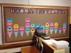 a birthday bulletin board with ice cream cones