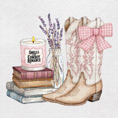 a watercolor painting of a cowboy boot, candle and books