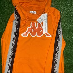 Rare Organize Reflective Kappa Hoodie Spring Hoodie With Logo Print, Hooded Sweatshirt With Logo Print For Spring, Spring Logo Print Hooded Hoodie, Spring Hooded Hoodie With Logo Print, Sportswear Hoodie With Logo Print, Orange Sporty Crew Neck Hoodie, Orange Crew Neck Sporty Hoodie, Casual Hooded Hoodie With Logo Print, Orange Long Sleeve Sports Hoodie