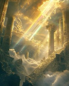 an image of the sky with clouds and sun rays coming out from behind some ruins