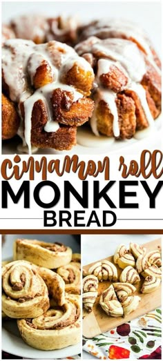 cinnamon roll monkey bread with icing on top and the title overlay reads cinnamon roll monkey bread