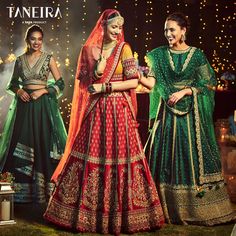 A wedding day is made all the more special with this beautiful silk and velvet lehenga for the bride and dreamy emerald green silk lehengas for the bridesmaids.  #taneira #taneirawomen #taneirabrides #bridesofindia #bridestobe #lehenga #ethnic #ethnicwear #traditional #indianfashion #wedding #weddingdress #weddinginspiration Tata Group, Bridal Lehengas, Buy Sarees Online, Silk Cotton Sarees, Saree Trends, Apparel Brand