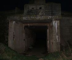 an old, run down building with grass growing out of it's sides at night