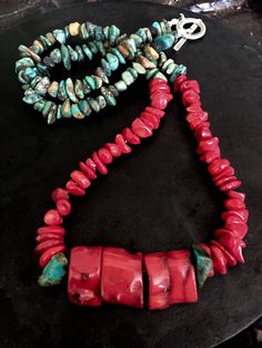 Red Coral and Turquoise Necklace  Every piece of jewelry I make is made with specific meaning. In this piece I chose to use red coral. For the Mexica red coral is symbolic of  fertility and can be used for blood conditions.  I also chose to use turquoise because it is a protective stone that protects against outside energy not belonging to you.   Every piece of jewelry I make for myself is finished with a lava rock and 3 pieces of turquoise at the end of each strand.  The Mexica acknowledge lava rocks as our abuela(o)s, our grandmothers and grandfathers. They remind us of the knowledge and wisdom that our ancestors carried which we also carry as we are connected to them.   This piece is also finished with lava rock and turquoise, sharing with you the intention of the strength and wisdom of Red Coral Pendant Necklace, Artisan Hand-strung Red Coral Necklace, Red Coral Necklace With Natural Stones, Unique Red Gemstone Bead Necklaces, Artisan Red Coral Necklaces For Jewelry Making, Unique Red Coral Gemstone Bead Necklaces, Bohemian Red Turquoise Single Strand Necklace, Handmade Turquoise Necklace With Red Coral, Red Southwestern Turquoise Necklace For Gift