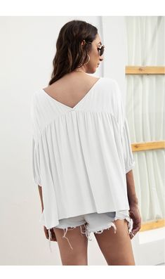 V-neck Loose Casual Pleated Short Sleeved Shirt Top Solid V-neck Summer Top, Casual Flowy Tops With Split Neck, Solid Color Top With Notched Neckline For Summer, Solid Top With Notched Neckline For Summer, Chic V-neck Top For Vacation, Flowy Casual Tops With Split Neck, V-neck Tops For Spring, Chic Split Neck Top For Vacation, Flowy Split Neck Casual Tops