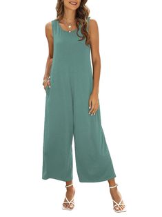 PRICES MAY VARY. Material: 60% polyester + 35% cotton and 5% spandex, soft and stretchy, comfortable to wear. Features: Women's Sleeveless Jumpsuit, Scoop / Crew Neck, Two Pockets on the Sides, Solid Color Jumpsuit, Loose Fit, Wide Leg, Long Jumpsuit, Keyhole Back for Easy Wear. Size: S=US (4-6), M=US (8-10), L=US (10-12), XL=US (14-16), XXL=US (18-20) ); please allow 1 inch/2 cm measurement error. Applicable Occasions: Daily life, dating, party, office, beach, vacation, club wear and many more Long Pant Jumpsuit, Tank Jumpsuit, Solid Color Jumpsuits, Overall Jumpsuit, Cropped Wide Leg Pants, Wear Green, Long Jumpsuits, Pant Length, Summer Clothing