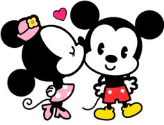 mickey and minnie mouse kissing each other with hearts on their ears in front of them