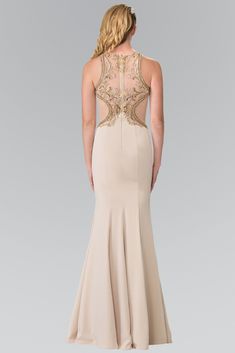 Make a grand entrance in this long beaded sleeveless jersey dress with sheer back by Elizabeth K. Made out of jersey, this beautiful gown features amazing beaded design, sheer embellished neckline, and a beaded sheer back. Fabric: Jersey Length: Hollow to Hem 60 Neckline: High Neck Sleeve: Sleeveless Back: Sheer, Zipper Halter Neck Gown, Dama Dresses, Pageant Gowns, Long Sleeve Sequin, Bridesmaids Dress, Gowns Online, Evening Gowns Formal, Dress Purchase, Lace Gown