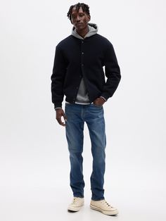 Fit: Fitted through the hip & thigh with a slim leg.  Fabric: 12. 5 oz 354 g) denim with 6% recycled cotton.  Stretch: GapFlex Medium Stretch.  Made for all-day flexibility & ease. ​ Looks authentic.  Feels lived in.  Won't stretch out.  Look: A classic five-pocket jean in a dark indigo wash.  Details: Zip fly & five-pocket styling.  Responsibly Made: This pair of jeans is part of our water-saving Washwell program.  Compared to conventional wash methods, Washwell has saved millions of liters of Toddler Jeans, Soft Jeans, Curve Jeans, Water Saving, Dark Wear, Dark Indigo, Men Fashion Casual Outfits, Slim Straight Jeans, Wide Fit Boots