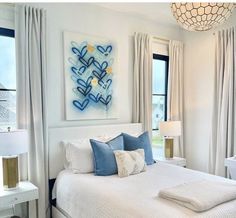 a bedroom with white walls and blue accents