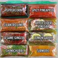 five bags of different types of spices and seasonings on top of each bag are labeled with the words peppercorn, spicy pineapple, cilantro lime, apple cider, sesame ginger, lemon, turm