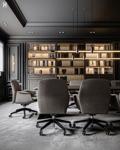 an empty conference room with chairs and bookshelves