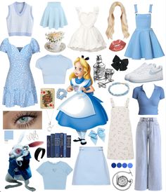 This is a collage of clothing inspirations to create a DIY Alice in Wonderland halloween costume. It had lots of shades of blue. Trendy Alice In Wonderland Costume, Alice In Wonderland Costume Inspiration, Alice I’m Wonderland Costumes, Cute Alien Outfits, Disneybound Outfits Alice In Wonderland, Modern Day Alice In Wonderland Outfit, Alice Dress Wonderland, Alice In Wonderland Disneybound Casual, Alice In Wonderland Easy Costume