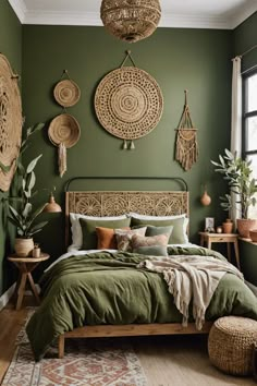 a bedroom with green walls and wicker baskets hanging on the wall above the bed