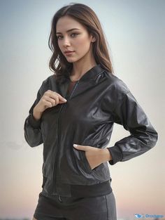 Orcajump - Zip Up Solid Leather Jacket, Casual Long Sleeve Bomber Jacket, Women's Clothing Casual Biker Jacket For Fall, Stand Collar Leather Jacket For Fall, Solid Leather Jacket With Stand Collar For Fall, Leather Jacket With Pockets And Stand Collar, Casual Winter Solid Biker Jacket, Casual Leather Jacket For Fall Outdoor, Casual Leather Jacket With Stand Collar And Pockets, Casual Leather Jacket With Stand Collar For Fall, Casual Leather Jacket With Stand Collar