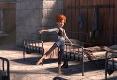 a cartoon character standing in front of a bed with her legs spread out and arms outstretched