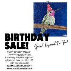 a birthday sale flyer with a bird on a branch