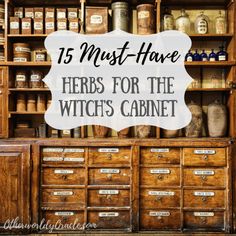 an old wooden cabinet with the words must have herbs for the witch's cabinet