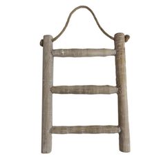 an old wooden ladder hanging from the side on a white background, with rope attached to it