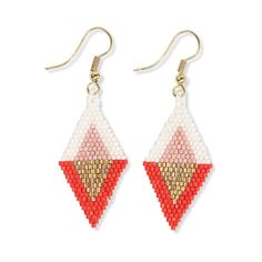 red and white beaded triangle earrings with gold accents on the end, hanging from hooks