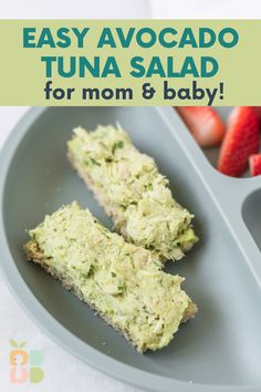 easy avocado tuna salad for mom and baby on a plate with strawberries