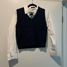 Nwt. These Are Two Separate Pieces. The Collared Shirt Is Pretty Cropped If You Have A Larger Chest. There Is No Stretch. The Vest Is Very Stretchy. Long Sleeve Cable Knit Tops For Work, Casual Cable Knit Button-up Top, Preppy Winter Workwear Top, White Cable Knit Top For Work, Shein Tops, Knit Vest, Button Up, Cool Outfits, Blue And White